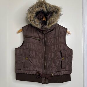 Y2K Mossimo Brown Jacket Vest Juniors Size Large Faux Fur Hood detachable